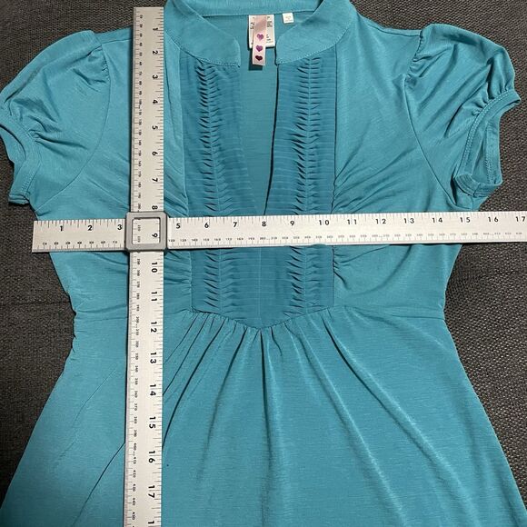 Three Pink Hearts Turquoise Babydoll Blouse Ruched Pleated V-Neck Women's Medium - Picture 7 of 8